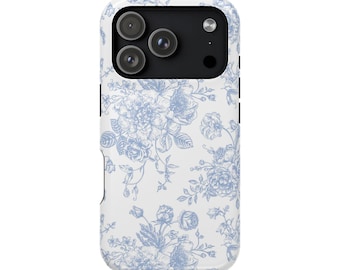 Funda para teléfono con estampado floral azul, diseño Toile de Jouy francés, MagSafe, resistente, para iPhone 13, 14, 15, 16, 17 Pro Max, Mini Plus