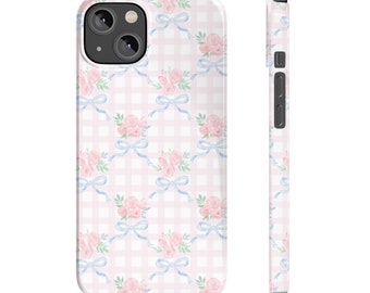 Pink Gingham Phone Case Aesthetic Cute Gingham Bow Floral Slim Phone Case for iPhone 7 8 Plus XR Xs Max 11 12 13 14 15 Pro Max Mini