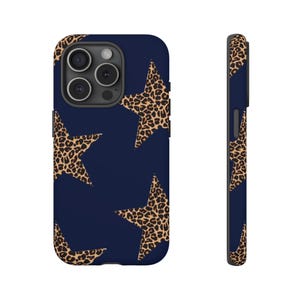 Trendy Leopard Star Phone Case Navy Blue Cheetah Print Tough Phone Case for iPhone 16 15 14 13 12 11 pro max Samsung Galaxy Google