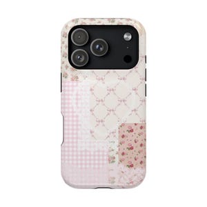Coquette Cottagecore MagSafe Phone Case Gingham Pink Lace Quilt Patchwork Magnetic Tough Case for iPhone 13 14 15 16 17 Pro Max Mini Plus