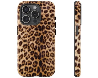 May include: A phone case with a leopard print design. The case is brown and tan with black spots. The case has a camera cutout and black side buttons. The image shows the front and side of the phone case.