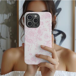 Capa de telefone floral rosa, capa de telefone resistente em toile de jouy francesa rosa para iPhone 16 15 14 13 12 11, Samsung Galaxy e Google Pixel