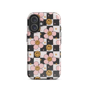 Y2K Retro Checkered Smiling Face Flower  Tough Phone Case for iPhone iPhone 11 12 13 14 Plus Pro Max Mini