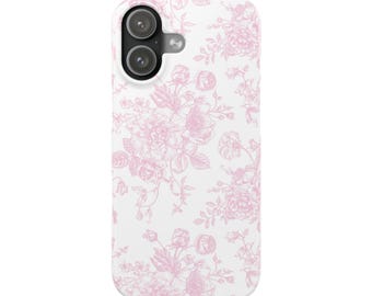 Roze Bloemen Telefoonhoesje Roze Franse Toile De Jouy Slanke Telefoonhoes voor iPhone 7 8 Plus XR Xs Max 11 12 13 14 15 16 17 Pro Max Mini