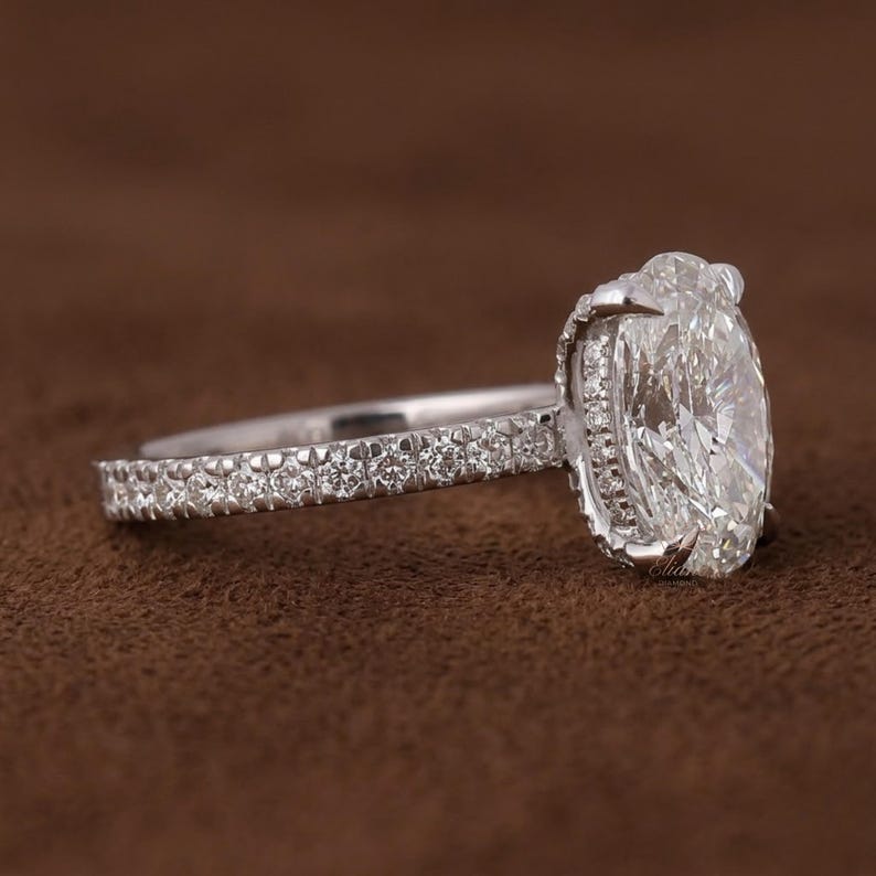 Oval Lab-grown Diamond Engagement Ring, Hidden Halo, Pavé Band, IGI ...
