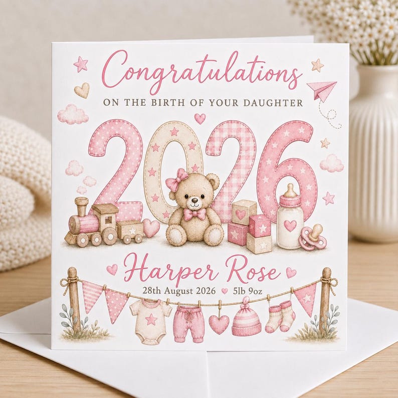May include: A square greeting card featuring the text Congratulations ON THE BIRTH OF YOUR DAUGHTER, 2026, Harper Rose, 28th August 2026, and 5lb 9oz. The design includes a teddy bear, toy train, baby bottle, and clothes hanging on a line.