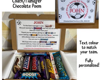 Football coach chocolate box gift, football manager chocolate poem, thank you gift football coach, football team, football coach gift