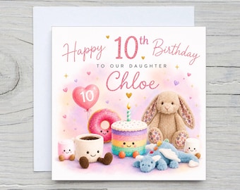 Personalised Birthday Card for Girl | Cute Plush Toy Birthday Card | Bunny, Cake & Balloon Card | Friend Daughter Granddaughter Sister Niece