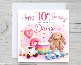 Personalised Birthday Card for Girl | Cute Plush Toy Birthday Card | Bunny, Cake & Balloon Card | Friend Daughter Granddaughter Sister Niece