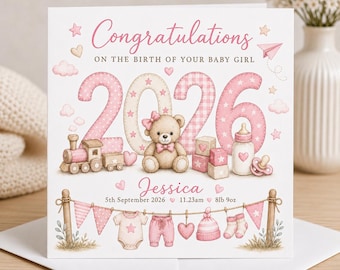 Personalised New Baby Girl Card | Congratulations Baby Girl, Daughter, Granddaughter, Niece | Pink 2026 Birth Card | Newborn Keepsake Card
