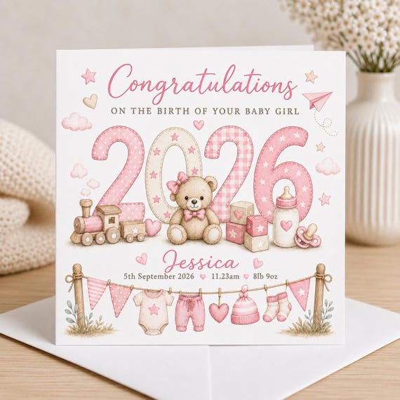 Personalised New Baby Girl Card | Congratulations Baby Girl, Daughter, Granddaughter, Niece | Pink 2026 Birth Card | Newborn Keepsake Card