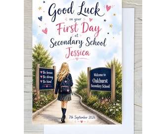 Personalised First Day of Secondary School Card | Custom Uniform & Hairstyle | Boy or Girl | Good Luck at Secondary Card | High School Card
