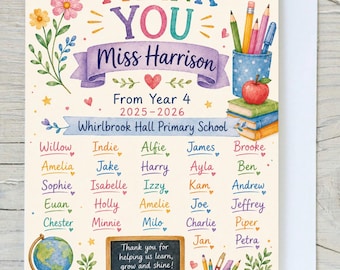 Personalised Teacher Thank You Card A5 | Custom Class Card with Children’s Names | End of Year Teacher Gift with Envelope | Up to 35 Names