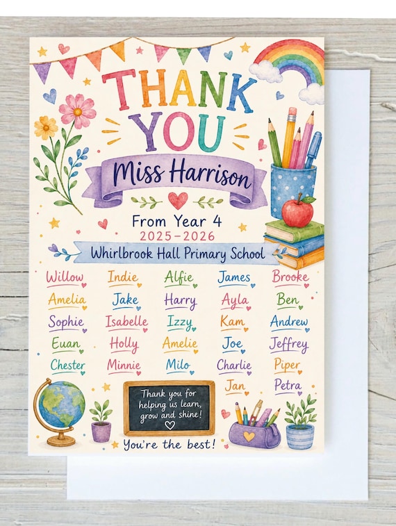 Personalised Teacher Thank You Card A5 | Custom Class Card with Children’s Names | End of Year Teacher Gift with Envelope | Up to 35 Names