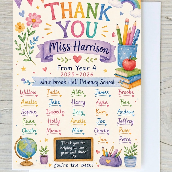 Personalised Teacher Thank You Card A5 | Custom Class Card with Children’s Names | End of Year Teacher Gift with Envelope | Up to 35 Names
