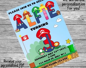 Uitnodiging voor Super Mario-feest, Super Mario-verjaardagsuitnodiging, Super Mario-thema, Super Mario-verjaardag, gepersonaliseerde Super Mario-uitnodiging