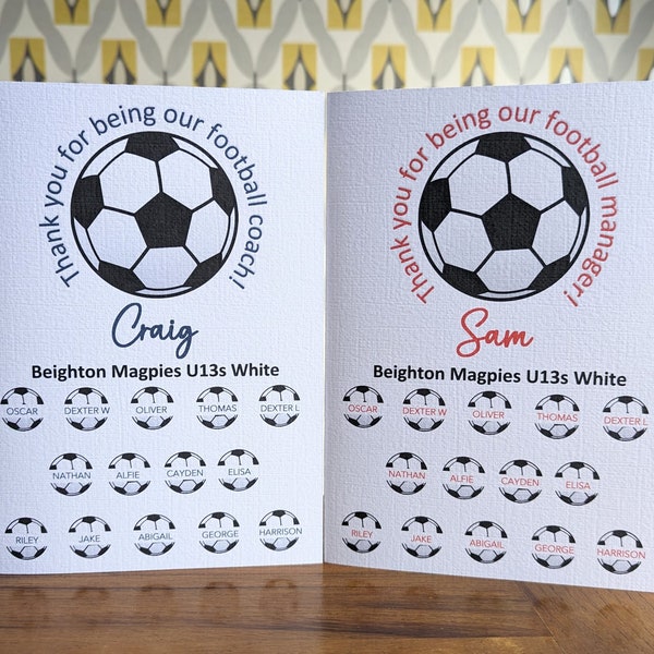 Personalised Football Coach Football Manager Thank You Card, name of players, Thank you football