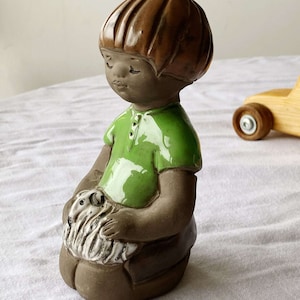 Vintage mid century 70s Sitting ceramic Boy with dog figurine from Elbogen Sweden
