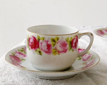 Antique 1930s Art Deco Rose pattern porcelain coffee duo set from Karlskrona Sweden / 1 cup + 1 plate