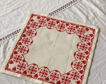 Small Vintage 70s cotton Christmas cross-stitch embroidered placemat or table runner