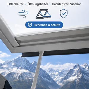 Op de afbeelding: Een witte raamhouder voor VELUX MK06 en MK10 dakramen, aangeduid als een frisse lucht adapter. Het apparaat is gemonteerd op een wit raamkozijn en houdt dit open, met tekst waaronder 'Fensterhalter für VELUX' en 'Sicherheit & Schutz'.
