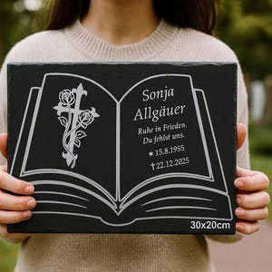 Book Cross Roses - Slate - Urn Gravestone, Memorial Plaque Natural Slate, with Stand - Personalized - 30 x 20 cm Weatherproof - GR10