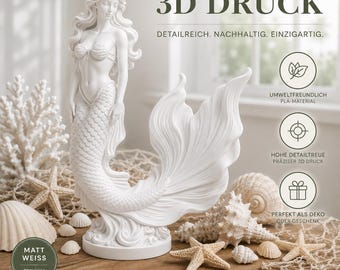 Meerjungfrau Skulptur Figur PLA 3D Druck – Maritime Dekofigur verschiedenen Farben - für Wohnzimmer, Badezimmer, Garten & Fensterbank - BU20