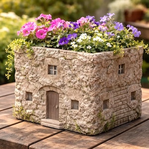 Puede incluir: Una jardinera con textura de piedra con forma de pequeña casa, completa con puerta y ventanas. La jardinera está llena de vibrantes flores rosas, moradas y blancas. La jardinera está sobre una mesa de madera.