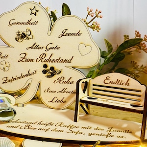 Trébol de la suerte para hombres y mujeres: regalo de jubilación de madera, grabado con deseos de amor. Vale de regalo A09.