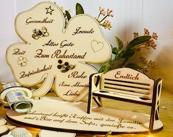 Lucky Cloverleaf Retirement Gift for Men & Women - Made of Wood, Engraved with Loving Wishes, Money Gift Voucher A09