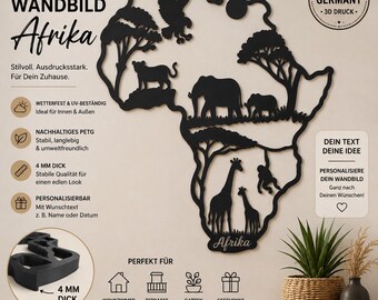 Personalized - Africa Wall Art - 3 Prints, 4 mm, Safari Animals, Metallic Look - Wall Decor for Living Room, Garden, Terrace, Gift BU82