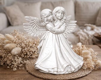 Angel Figurines Pair | Symbol of Protection & Connection | PLA White | Modern Decoration - Love Gift Sculpture Family Connection HU1