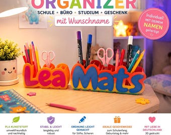 Personalisierter Stifte Organizer mit Namen – Schreibtisch Organizer für Kinder  Einschulung Geschenk – Stiftebox 3D Druck PLA – Schule BU74
