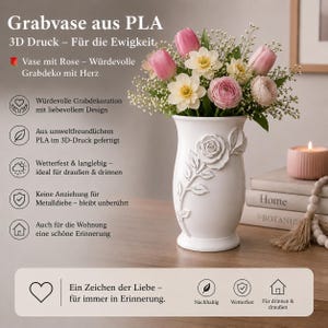 Vaso decorativo con rosa in PLA – Decorazione moderna per lapidi funerarie – Vaso commemorativo resistente alle intemperie per cimiteri – Vaso per fiori con rilievo – Unico - GR08
