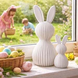 May include: A spring-themed scene featuring two white ceramic bunny figurines with textured details. A basket of colorful Easter eggs sits in front of a window, with children playing in the background. Yellow flowers and greenery add to the festive atmosphere.