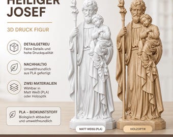 Heiliger Joseph Holzstatue mit Jesuskind – Katholische Statue aus PLA oder Holzoptik – Christliche Deko für Altar, Kirche & Zuhause - BU37