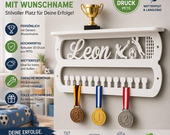 Personalized Medal Holder Shelf with Custom Name | Personalized Medal Storage for Football, Gymnastics, Swimming, Running & More | 3D Printed - BU86