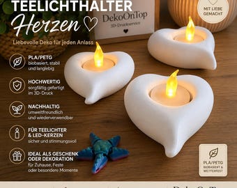 3D gedruckter Herz Teelichthalter – PLA/PETG Kerzenhalter – Romantische Tischdeko für Hochzeit, Geburtstag & Valentinstag - BU69