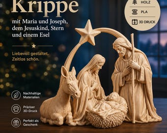 Krippe Zeitlose Weihnachtskrippe mit Maria, Josef und Jesuskind | Heilige Familie mit Esel & Stern | Christliche Weihnachtsdekoration - BU44