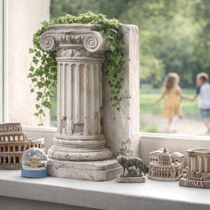 Może przedstawiać: Kolekcja pamiątek o tematyce rzymskiej wystawiona na parapecie. Przedmioty obejmują miniaturowe Koloseum, kulę śnieżną i modele architektoniczne. Duża, zwietrzała kolumna jest ozdobiona zielenią. W tle troje dzieci bawiących się na zewnątrz.