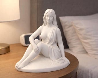 Elegant female sculpture, seated nude – beach scene with towel – minimalist home decor – art figure – nudist – vacation – KL9
