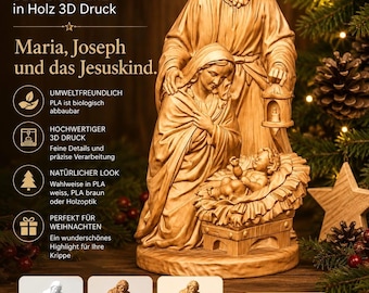 Nativity Scene Holy Family | Mary, Joseph, Baby Jesus | PLA 3D Print White Wood Look Brown | Christian Christmas Decoration - BU41