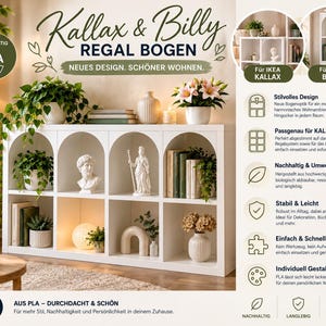 May include: White arched shelf inserts for Kallax and Billy shelving units. The inserts feature a curved top design, creating a rounded opening within square storage compartments. The product is made of PLA material and is designed for home organization.