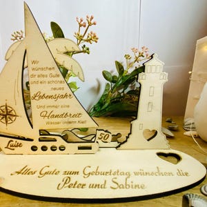 Geburtstag Segelboot Jacht Schiff Leuchtturm Palme Geldgeschenk Holz Eigener Text Hochwertige Handarbeit Halter Geldscheine Segeln Meer A06