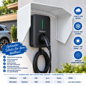 Może przedstawiać: Czarna stacja ładowania pojazdów elektrycznych z zieloną kontrolką stanu i podłączonym kablem, zamontowana na ścianie pod białym daszkiem ochronnym. Obraz zawiera niemiecki tekst opisujący funkcje ochrony przed warunkami pogodowymi.