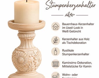 Rustic pillar candle holder, farmhouse style – 3D printed candlestick in wood look, vintage used look table decoration – Old German style – BU30