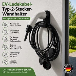 EV Charging Cable Wall Mount Type 2 | Holder for Charging Plugs & Cables | For Wallbox + Socket | Hybrid + Full Electric Car | 3D Printed - BV11