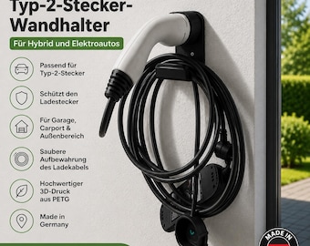 EV Charging Cable Wall Mount Type 2 | Holder for Charging Plugs & Cables | For Wallbox + Socket | Hybrid + Full Electric Car | 3D Printed - BV11