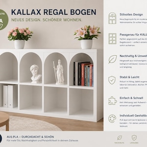 Può includere: Un inserto per scaffali bianco con quattro aperture ad arco che si adattano a un sistema di archiviazione a cubi quadrati. Gli inserti sono realizzati in materiale PLA e trasformano gli scaffali quadrati in un espositore ad arco.
