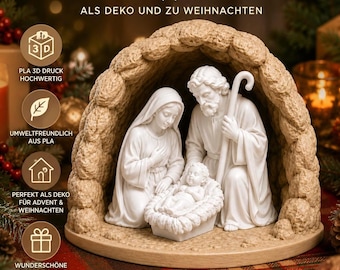 Heilige Familie in Felsengrotte – Krippenfigur mit Maria, Josef und Jesuskind – Christliche Weihnachtsdekoration aus PLA oder Holz - BU43